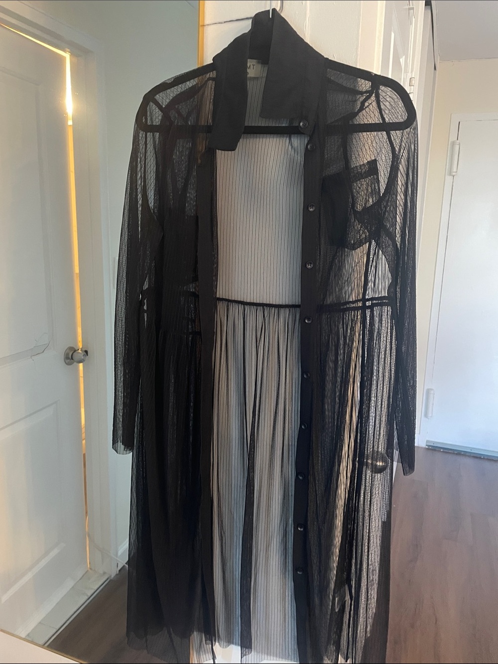 AMT Black Sheer Button-Front Mesh Duster
